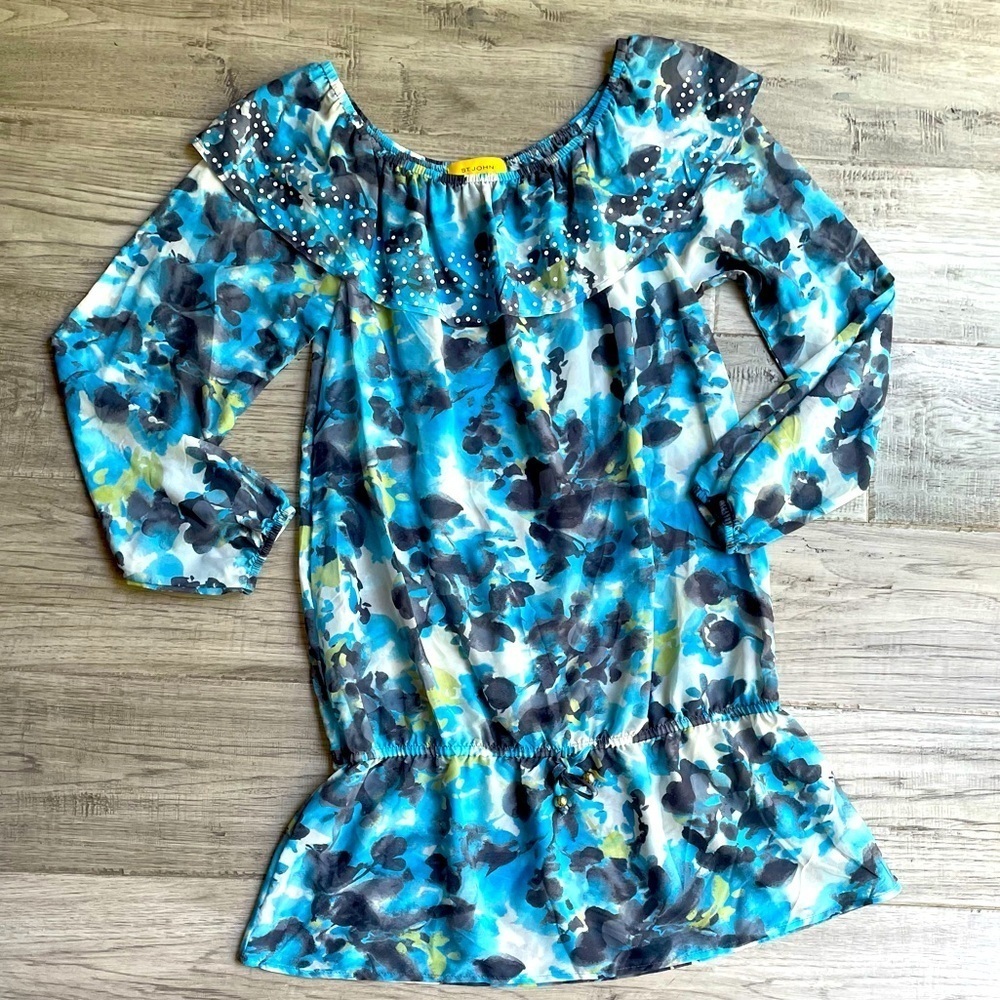 St. John Silk Blend Top/Dress Elastic Waist, Neck And Wrist Faux Tie Ruffle SZ M